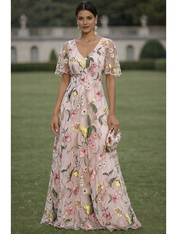 Vestido de noche largo hasta el suelo con cuello en V, manga corta con volantes, bordado floral y línea A de tul