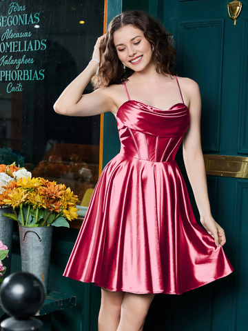 Cowl Neck Corset Boning Spaghetti Strap Lace-Up Back Satin Skater Mini Homecoming Dress