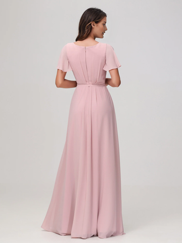 Flutter Sleeve Chiffon V-Neck Bridesmaid Dress with Waist Tie & High Slit
