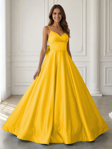 Elegant A‑Line V‑Neck Beaded‑Strap Sleeveless Bow‑Back Floor‑Length Prom Dress