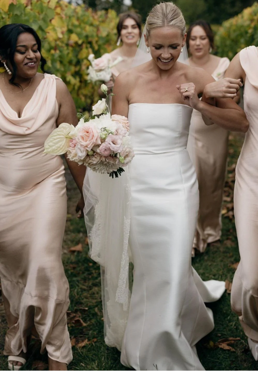 Elegant Mermaid Cowl Neck Satin Charmeuse Long Bridesmaid Dress with Open Back Party Wedding Guest Dresses