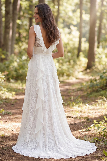 Vedress deep v back cascading ruffle lace wedding dress sweep train outdoor woodland backdrop