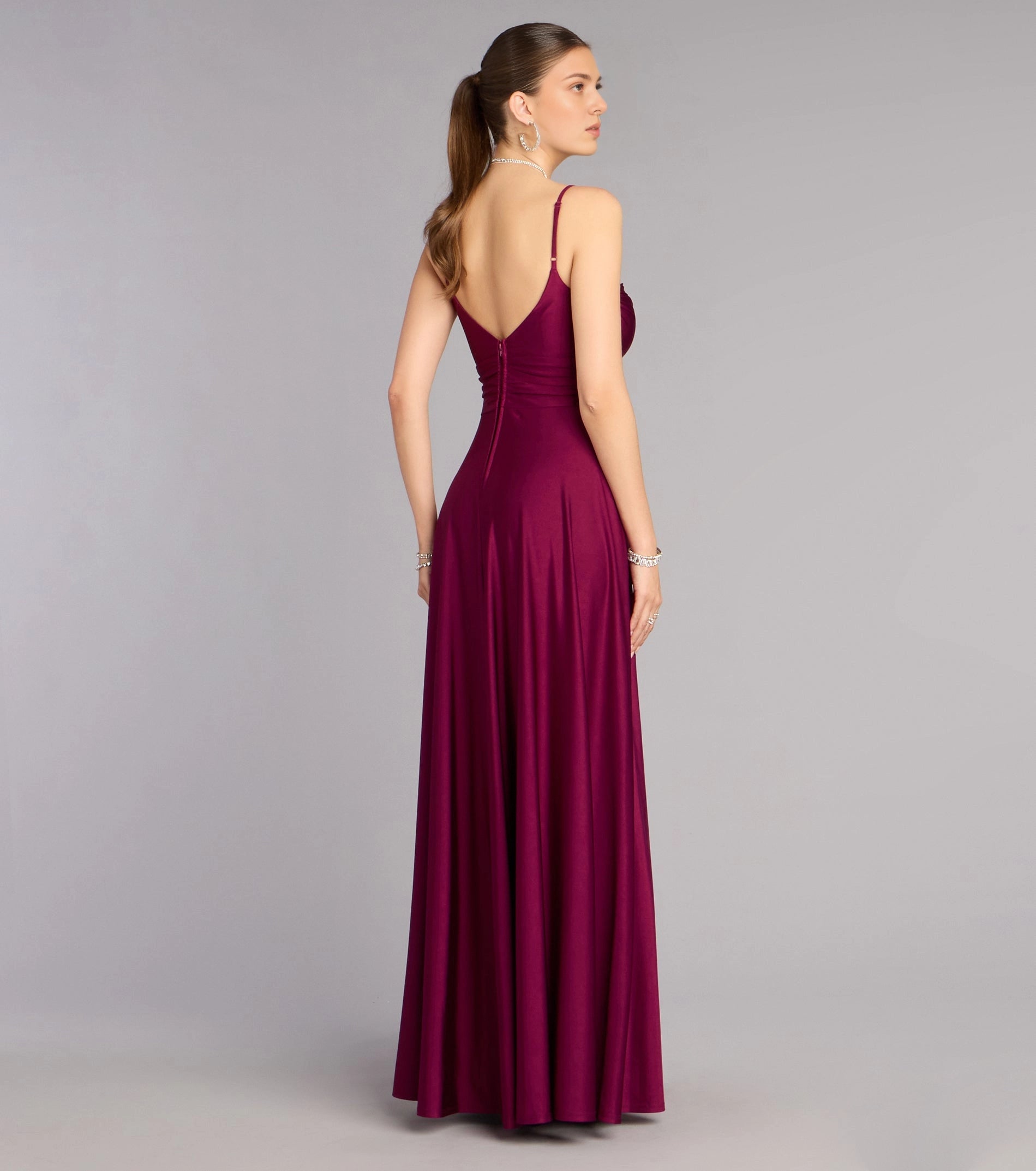 Vedress wine red formal dress spaghetti strap low v back a line long prom dress rear view