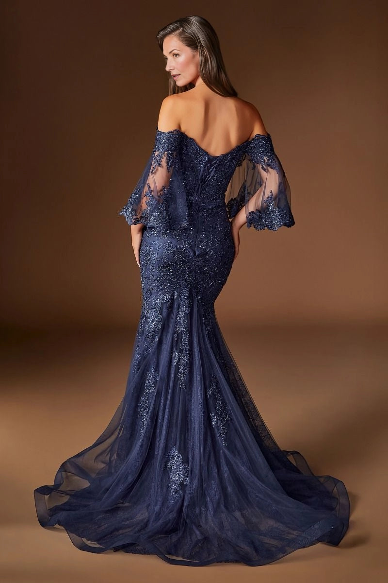 low open back, invisible zipper, lace applique trailing onto train, dramatic mermaid silhouette.