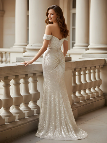 Vestido de noche de sirena con lentejuelas y hombros descubiertos con abertura alta - Vestido formal de boda y graduación color champán