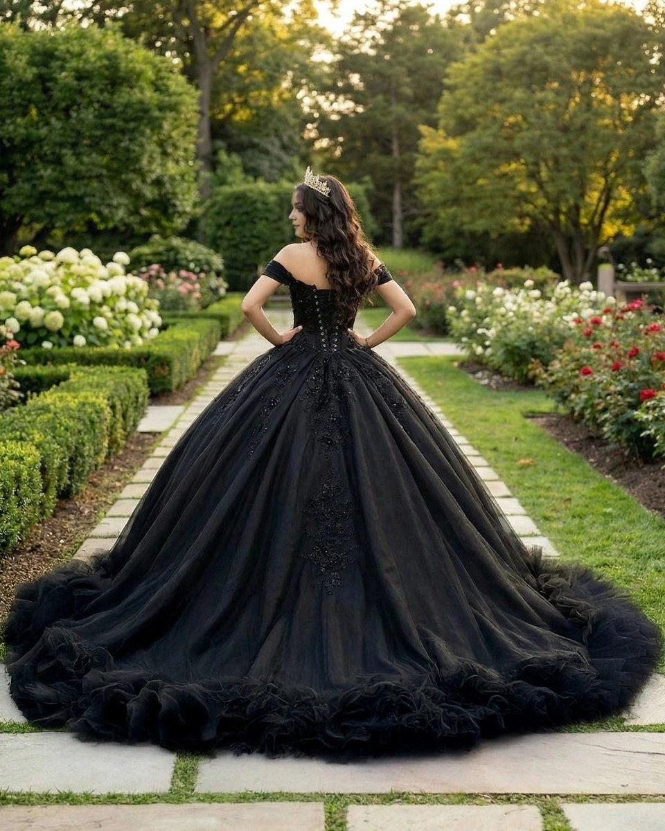 Vedress black quinceañera dress lace-up corset back off shoulder tulle ballgown ruffled hem train back view