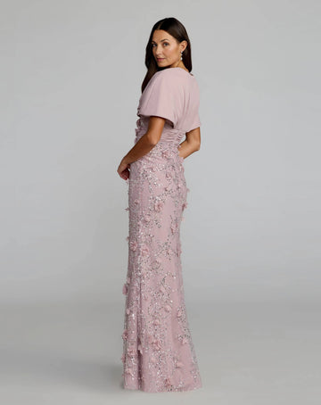 solid covered back,invisible zipper,smooth chiffon cape overlay,form‑fitting mermaid silhouette