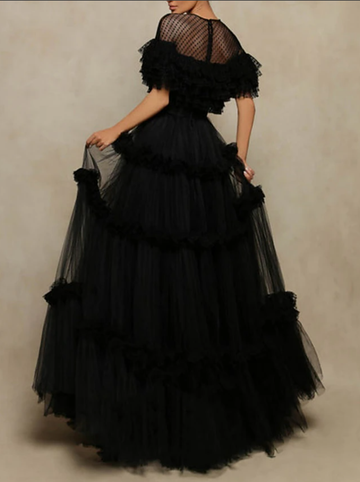 A-Line Princess Prom Dresses Elegant Short Sleeve Jewel Neck Formal Tulle with Pleats Ruffles
