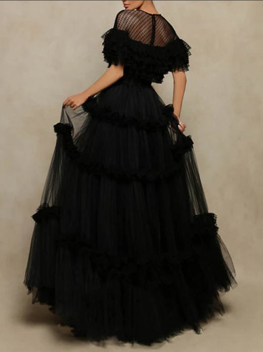 A-Line Princess Prom Dresses Elegant Short Sleeve Jewel Neck Formal Tulle with Pleats Ruffles