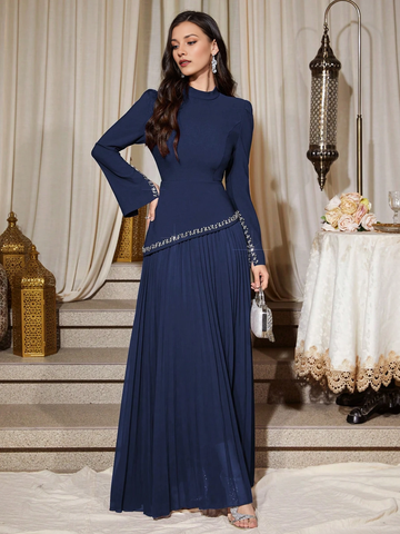 High Neck Long Sleeve Crystal Trim Pleated Maxi Dress with Corset Back