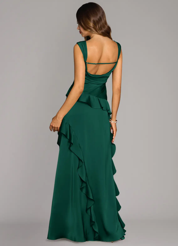 Women's Satin Square Neck Maxi Dress with Dramatic Cascading Ruffle Bridesmaid Dresses Maxi Formal Evening Gown