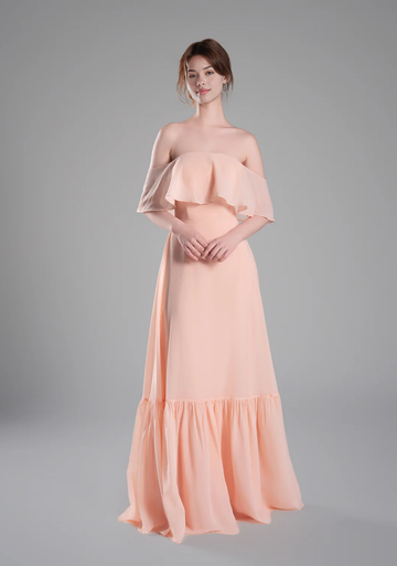 Elegant Tiered A-Line Chiffon Off-The-Shoulder Short Sleeve Open Back Bridesmaid Dresses