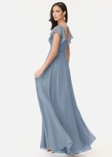 Elegant Square Neck Flutter Sleeve Maxi Dress with High Side Slit A-Line Formal Gown Bridesmaid Dresses