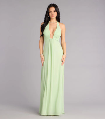 Vedress sage green halter deep v long prom dress tie open back a-line stretch evening gown