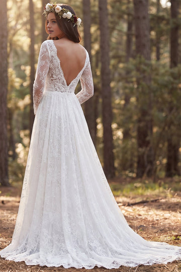 Vedress deep v open back floral lace wedding dress sheer long sleeve train forest backdrop