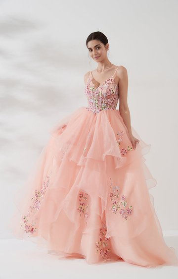 Vestido de fiesta romántico con cuello en V, tirantes finos, espalda descubierta y largo hasta el suelo