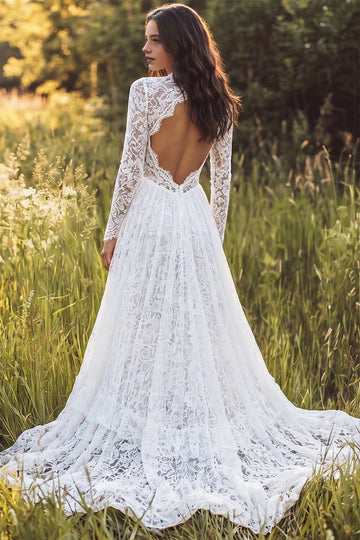 Whimsical A-line V Neck Long Sleeve Open Back Tiered Train Wedding Dress