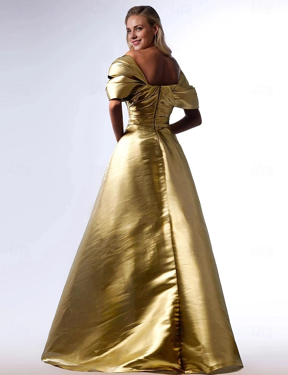 Vedress shiny gold formal gown zipper back design pleated long maxi dress rear view