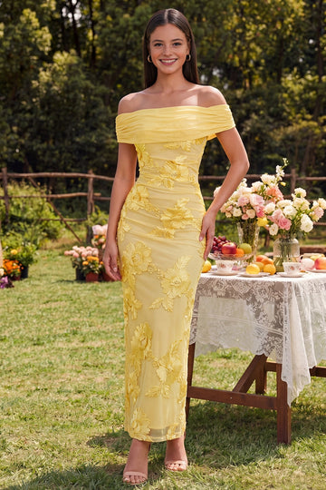 Vedress yellow 3D floral embroidered off shoulder sheath maxi wedding guest dress front view