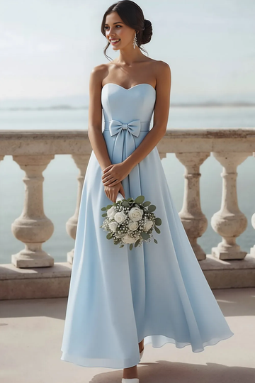 Light Blue Strapless Sweetheart Chiffon Bridesmaid Dress with Bow Sash