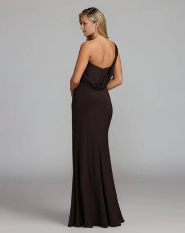 Vedress brown sheath mother of the bride dress one shoulder with gold beading and draped open back