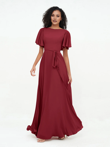 Boat Neck Flutter Sleeve Chiffon Maxi Bridesmaid Dress with Waist Tie