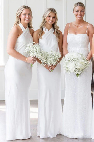 Beauty Sheath Satin Solid Charmeuse Halter Neck Long Evening Gown Bridesmaid Dress with Bowknot