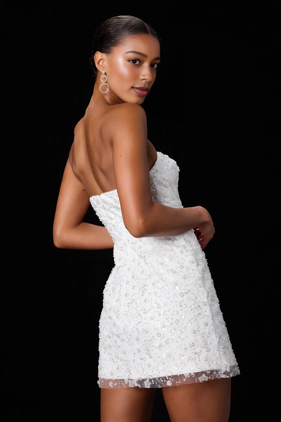 Vedress strapless white sequin pearl mini dress full open back invisible zipper homecoming party dress