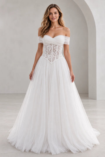 Vedress A-line tulle wedding dress with a pleated sweetheart neckline, off-shoulder short sleeves and a sheer lace corset bodice, front view