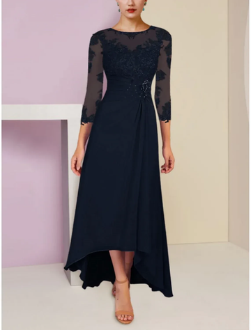 Elegant Navy Blue Lace High-Low Mother of the Bride Dress - 3/4 Sleeve Formal Evening Gown