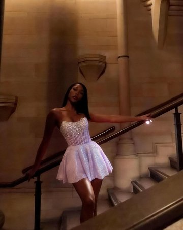 A-Line Short Prom Party Gown Sequin Strapless Mini Homecoming Dress with Beaded Corset Bodice