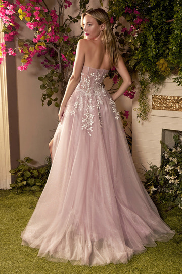 Vestido de noche Dusty Blue Glitter Tulle A-Line - Vestido de fiesta sin tirantes con escote corazón, apliques de encaje y abertura alta