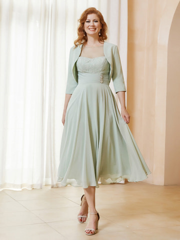 Dusty Sage Chiffon Mother of the Bride Dress Sheer Neck Lace Bodice with Crystal Accent A-Line Midi Dress and Matching 3/4 Sleeve