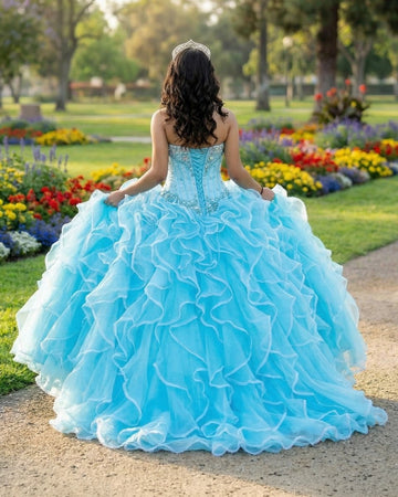 Vedress turquoise halter ball gown quinceanera dress lace up back view layered ruffle tulle skirt