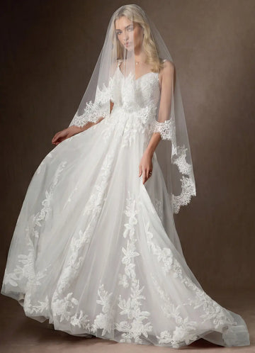 Romantic Sheer Tulle Scalloped Floral Lace Two-Tier Fingertip Bridal Wedding Veil