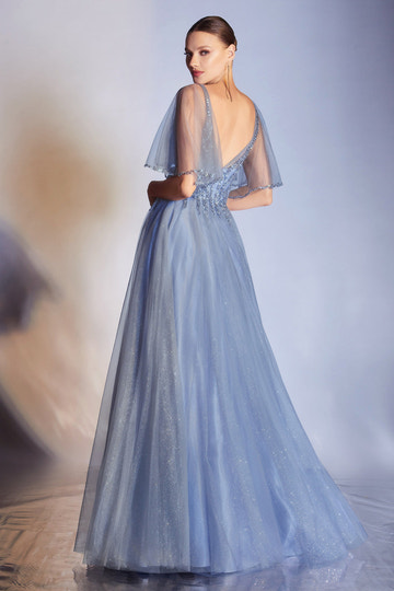 Vestido de noche y fiesta de graduación formal con brillos, tul, corte A, escote en V con cuentas y mangas abullonadas transparentes para invitadas de boda
