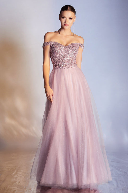 Champagne Gold Glitter Tulle A-Line Gown - Off-the-Shoulder Beaded Sweetheart Prom & Wedding Dress