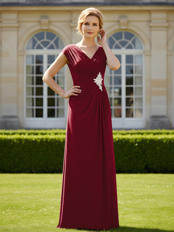 Wedding Guest Dresses Burgundy A-Line Formal Maxi Dress V-Neck Cap Sleeve Crystal Floral Applique Ruched Waist Chiffon Gown