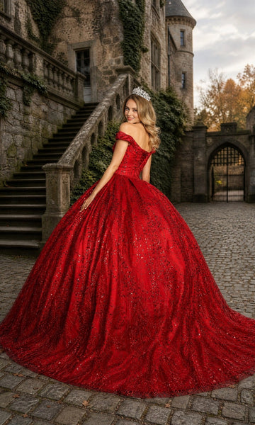 Vedress red sparkly open back floor length prom ball gown back view