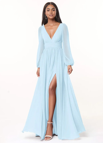 Vestidos de dama de honor/invitada de boda de gasa línea A/princesa con cuello pronunciado, manga larga y abertura