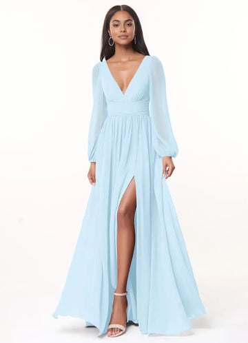 A-Line/Princess Chiffon Plunging Neck Long Sleeves Bridesmaid Dresses Wedding Guest Dresses With Slit