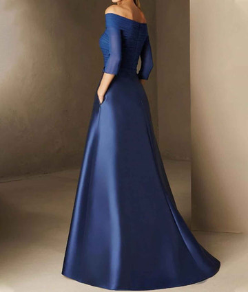 Elegant Off-the-Shoulder Satin A-Line Evening Gown with 3/4 Sheer Sleeves – Formal Dress for Mother of the Bride, Galas & Black-Tie Events
