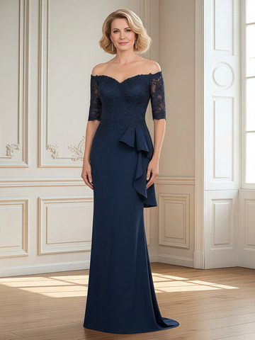 Navy Blue Off-the-Shoulder Lace Formal Gown Sweetheart Neck 3/4 Sleeve Ruffled Peplum Waist Mermaid Maxi Dress with Train for Mother of the Bride
