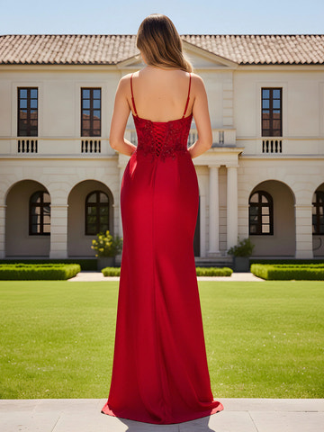 Sweetheart Spaghetti Strap Lace Corset Satin Mermaid Prom Dress with High Slit & Corset Back