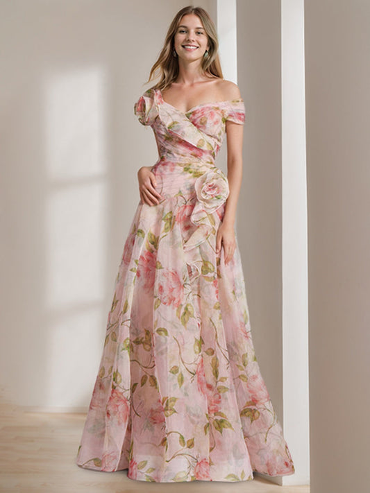 Romantic A-Line Printed Floral Prom Dresses Off-the-Shoulder V-Back Floor-Length Evening Dress