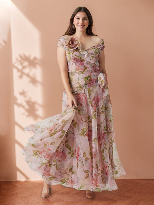 Romantic A-Line Printed Floral Prom Dresses Off-the-Shoulder V-Back Floor-Length Evening Dress