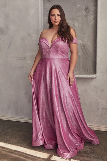 Vestido de fiesta y noche formal con escote en V profundo y corte en A con hombros descubiertos, metalizado rosa