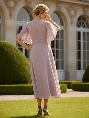 Dusty Rose Chiffon Mother of the Bride Dress – V-Neck Flutter Sleeve Crystal Applique
