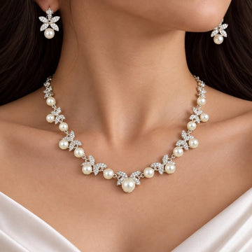 Silver-Tone Floral Pearl Bridal Necklace and Earrings Set
