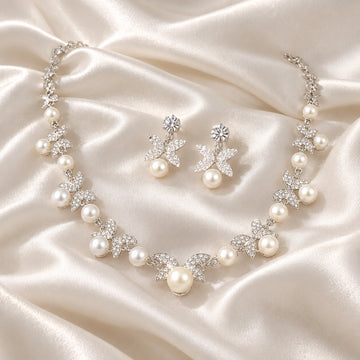 Silver-Tone Floral Pearl Bridal Necklace and Earrings Set